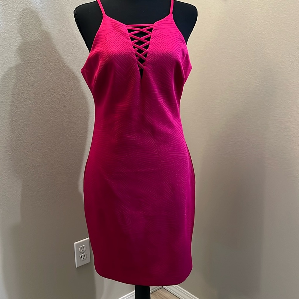 Guess Hot Pink Crisscross Bodycon Mini Dress
